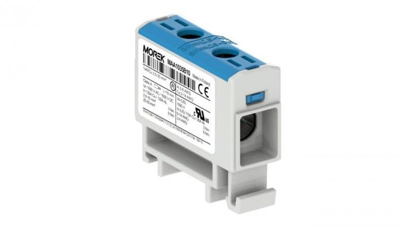 Bloc de jonction alu cuivre bleu (neutre) 2,5 à 35mm² 1000V AC/DC - Rail DIN - MOREK