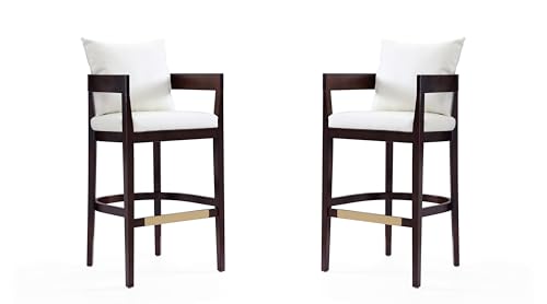 Butaco de cuero vegano Manhattan Comfort Ritz con respaldo acolchado suelto, patas de madera de haya, reposapiés de metal dorado, diseño moderno de mediados de siglo, completamente ensamblado, altura de asiento 30,5 pulgadas, juego de 2, color marfil miniatura 1