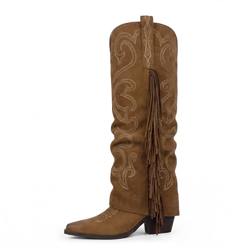 QIY QIY Women's Fold Over Fringe Embroidered Western Cowboy Boots