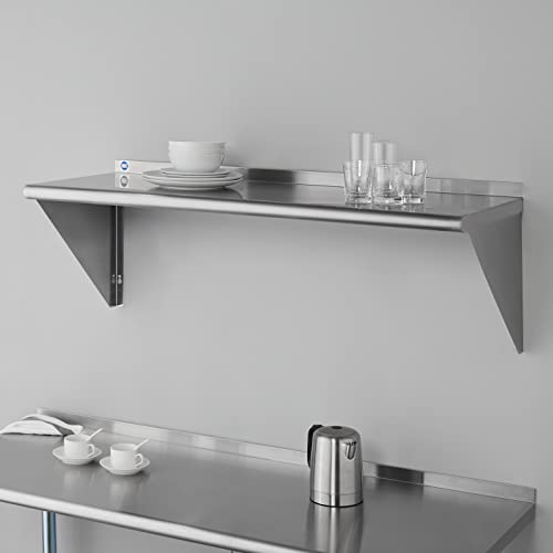 Image of ROCKPOINT Stainless Steel Shelf 18 x 48 Inches 400lb, NSF Metal Commercial Shelves Wall Mount Floating Shelving with Backsplash for Restaurant, Kitchen, Home and Hotel, Silver