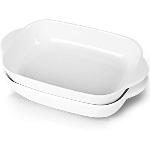 LEETOYI Ceramic Small Baking Dish, Porcelain 2-Piece Rectangular Bakeware with Double Handle, Baking Pans for Cooking and Cake Dinner 7.5"×5 (White) Cover