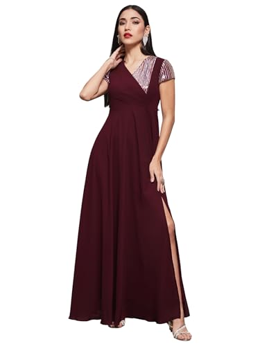 Image of Miss Chase Women's Round Neck Sleeve Embellished Fit Flare Maxi Dress