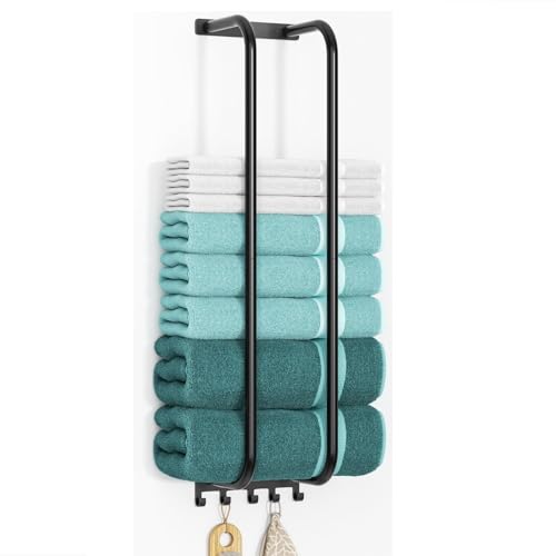 Towel Rack Bathroom Wall Holder: 27.9 Inch Wall Mounted Shower Organizer, for Rolled Towel Storage, 2 Metal Racks Plus Extra 5 Hooks, for Modern Small Space Bathroom RV Campers (Matte Black)