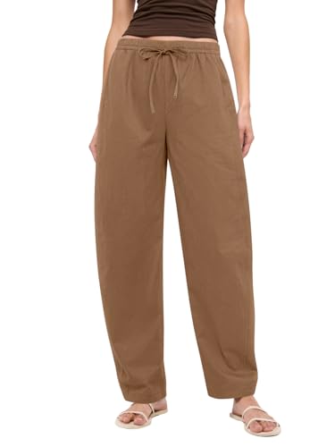 NIMIN Women Wide Leg Barrel Pants Elastic High Waisted Casual Palazzo Drawstring Pull On Lounge Pant Baggy 2025 Fashion Outfits with Pockets Brown