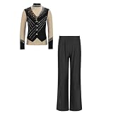 renvena Jungen Eiskunstlauf Kostüm Zweiteiler Eislaufen Trainingsanzug Tanzshirt Langarm mit Hose Kinder Sport Skating Kleidung Schwarz 122-128
