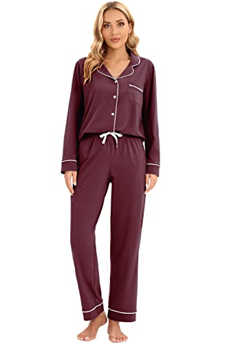 Image of LUBOT 100% Cotton Pajamas for Women PJ Set Soft Long Sleeve Button-Down Shirt 2 PC Set Warm Sleepwear Loungewear Night Suit (Burgundy, 2XL)