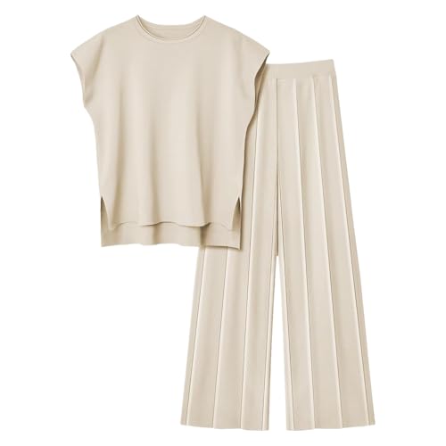 Momuk Conjuntos de Lounge para Mujer 2 Piezas Jersey Casual de Punto sin Mangas y Pantalones Anchos Conjuntos de Chándal (Albaricoque XL)