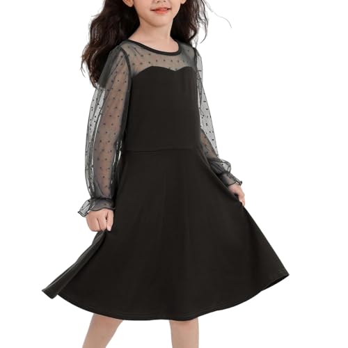 Little Bitty Girls Dresses Contrast Mesh Puff Long Sleeve A-Line Twirly Tulle Birthday Formal Party Dress 4-13 Years
