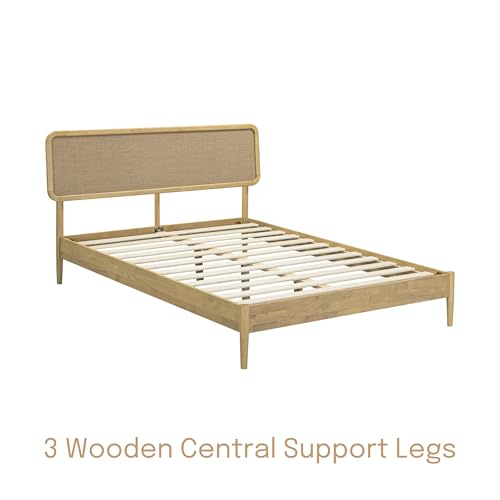 Image of NTC Lupin Wooden Bed Frame with Headboard, Solid Oak and Rubber Wood Foundation with Silent Slats and Wood Central Supports, 1000 Lb Capacity, Queen - Sand