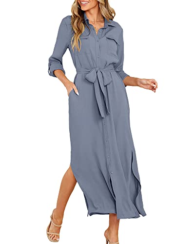 Fekermia Women's Shirt Dresses Button Down Long Sleeve Solid Color Dress Causal Loose Slits Dress with Pockets Blue Medium