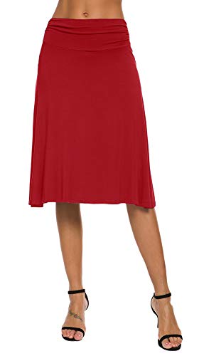 Mujeres Elegante Elástica Midi Yoga Falda Sólido Alta Cintura A Línea Falda(S, Rojo)