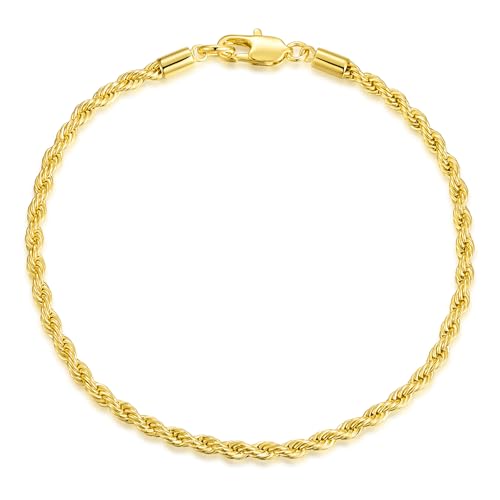 Gold Bracelets for Men,14K Gold Rope Chain Bracelet for Men, 3mm Dainty Non Tarnish Stackable Bracelet Jewelry Gifts, 8 Inch