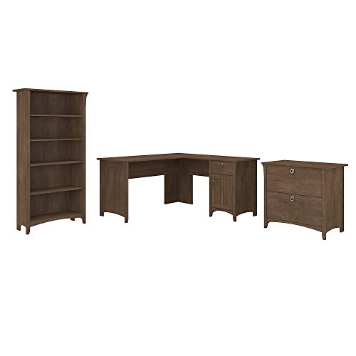 Bush Furniture Salinas - Escritorio en forma de L con archivador lateral y librería de 5 estantes, 60 W, color marrón ceniza Cover