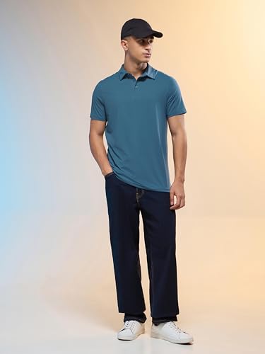 Image of TECHNOSPORT Men's Solid Slim Fit Polo Collar T-Shirt COTFLEX Half Sleeve Button Polyester for Gym Running Workout UPF50+ Anti Odour