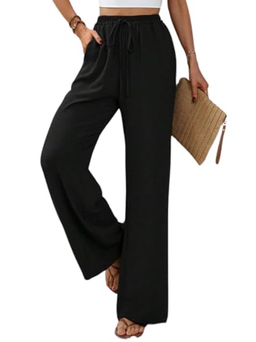 Wide Leg Pants for Women Elastic Waist Drawstring Palazzo Pants Lounge Pants with Pockets Loose Straight Leg Trousers