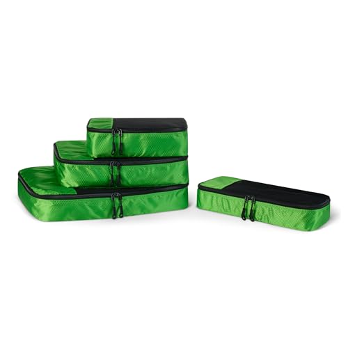 Amazon Essentials 4-Piece Packing Cubes Travel Accessories Set, Luggage Organizer with Double Zipper, Mesh Top, 100% Polyester, Small/Medium/Large/Slim, Green (Previously Amazon Basics)
