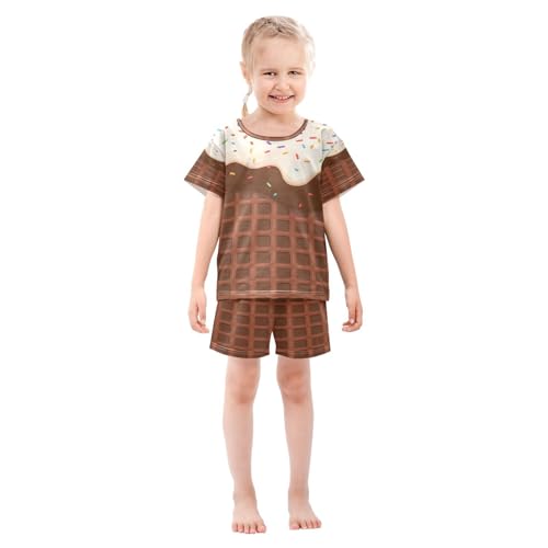 ALAZA Chocolate Ice Cream Waffle Pajamas Set Short Sleeve Cotton Sleepwear Summer Pjs 2 Piece 5-14Y3