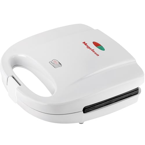 Magefesa Suisse White - Sanwichera Blanca, Capacidad para 2 Sandwiches, Asa Fría al Tacto, Placas Grill Antiadherentes, Sin BPA, Sellado Perfecto