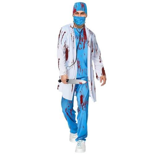 BNLIK Halloween Zombie Arzt Kostüm Herren: Doktor Kostüm Horror Karneval Chirurg Costume Erwachsene Set mit Arztkittel, Doktorhut, Arztmaske, Oberteil, Hose und Stethoskop (XL)
