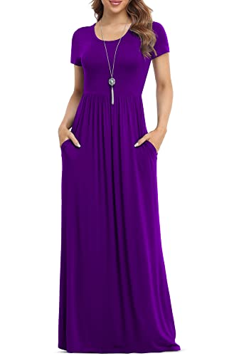 VIISHOW Women's Short Sleeve Loose Plain Maxi Dresses Casual Long Dresses with Pockets, Medium, Dark Purple