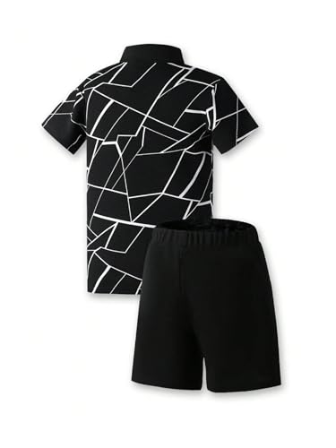 Image of WDIRARA Boy's 2 Piece Outfits Clothing Set Printed Button Front Short Sleeve Collar Top and Shorts Set Black and White 9-10Y