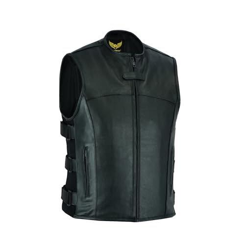 Leatherick Chaleco de motociclista de cuero táctico Warrior Style para hombre, muy elegante para andar en bicicleta, con bolsillos profundos