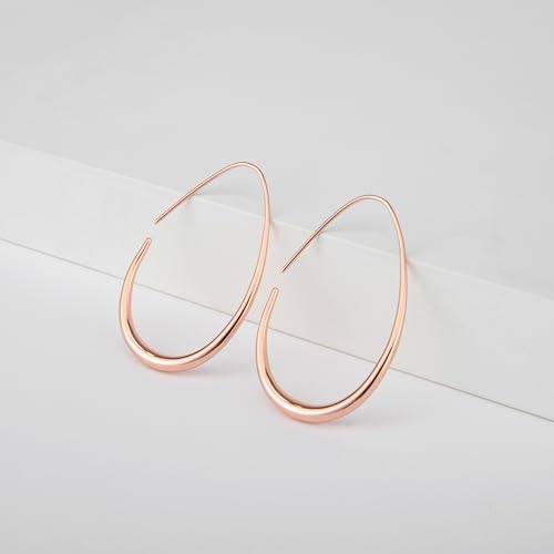 Image of Lightweight Teardrop Hoop Earrings for Women - 14k Gold /White Gold Plated Large Oval Pull Through Hoop Earrings High Polished Statement Jewelry Gift for Women