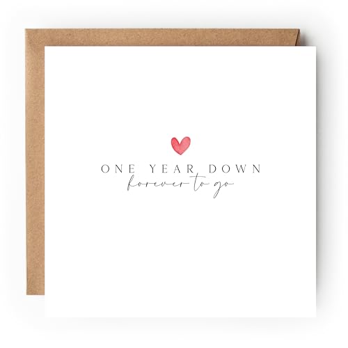 Anniversary Card One Year Down Forever to Go 15.2 x 15.2 cm with Kraft Envelope Textured Matte Finish Blank Inside