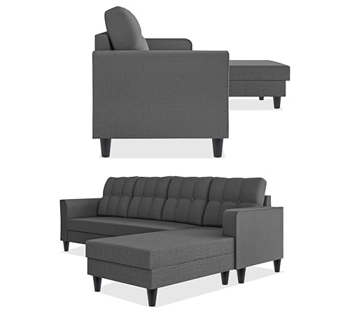 Image of Adorn India Maddox Tufted L Shape 5 Seater Sofa Chenille Sofa Set RHS (Grey) (3 Year Warranty)