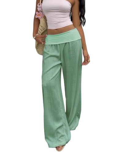 RoseSeek Women's Fold Over Low Rise Linen Pants Wide Leg Lounge Trousers