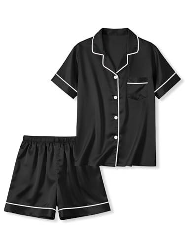 LANKMEI Girls & Boys Satin 2Pcs Short Sleeve Pajamas Set | Luxury Silky Breathable & Soft Button Top & Shorts Set Elastic Waist Ideal for sleepovers summertravel & daily comfort product thumbnail 12