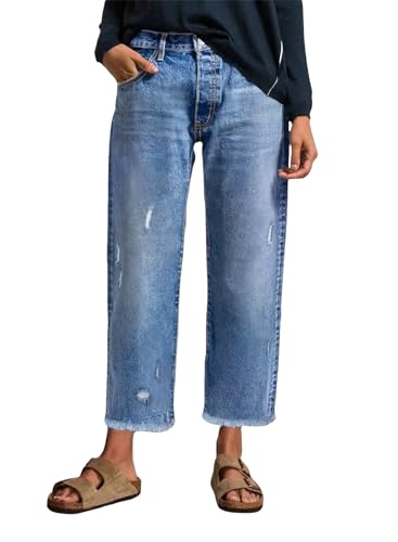 EVALESS Straight Leg Jeans for Women Mid High Waisted Frayed Distressed Baggy Pants Raw Hem Loose Stretchy Cropped Pants Bottom Sky Blue Size 10