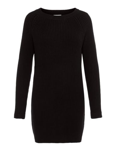 NOISYMAY Damen Langarm Strickkleid | Legeres Dress NMSIESTA Party Jumper | Geripptes Midi Shirt Kleid, Farben:Schwarz, Größe:L