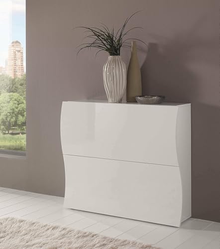 Dmora - Étagère à chaussures Andrea, Armoire polyvalente avec 2 portes pliantes, Étagère à chaussures d'entrée, 100% Made in Italy, 101x27h82 cm, Blanc brillant