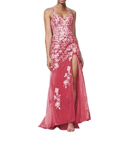 Image of Long Spaghetti Straps Tulle Mermiad Prom Dress V Neck Lace Appliques Formal Dress with Slit SF203