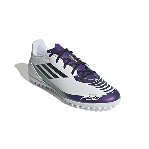 adidas Tênis unissex adulto F50 Club Messi Turf, Branco/preto/roxo unidade, 9 Women/8 Men