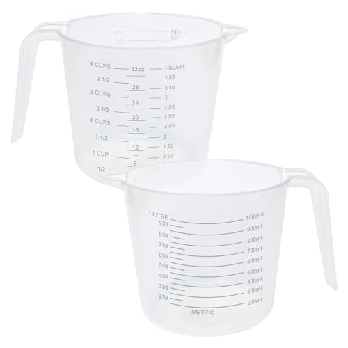 D.A.Y. Republic Set of 2 Plastic Lightweight 1L Measuring Jugs, Sturdy and Hardwearing, Easily Storable and Stackable, Measuring Scale Markings on The Side in ml and Ounces, BPA Free (1L Two Pack)