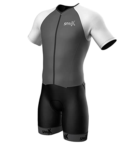 Sparx Mens Elite Aerosuit Triathlon Suit Mens Short Sleeve Tri Suit Skinsuit (Gray, XL)