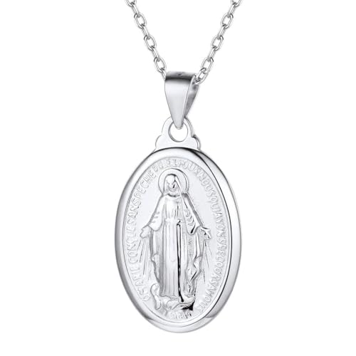 Nofade Silver Personalized Virgin Mary Necklace 925 Sterling Silver Religious Christian Jewelry Oval Medal Coin Pendant Necklace for Women Men(with Gift Box)