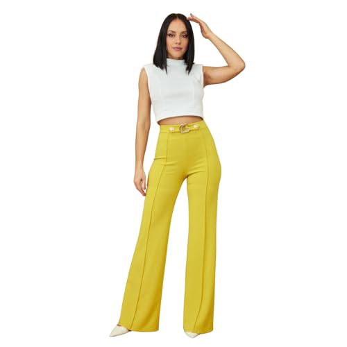 High Waist Wide Leg Pants with CG Buckle Detail, Available in Green, Red, Yellow