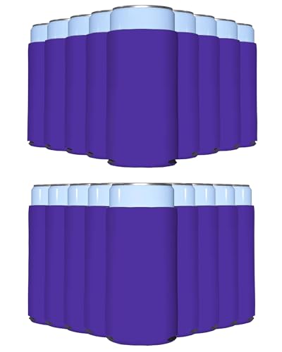 Image of PartyPrints 100 Pack Purple Blank Slim Can Cooler Sleeves | Plain Seltzer Customizable Bulk Coolers for Beer Bottles & 12oz Tall Cans | Skinny Collapsible Drink Insulated Sleeve