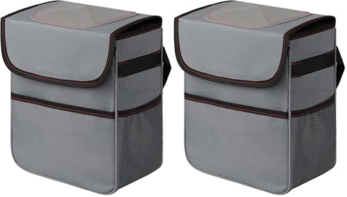Image of HealSmart 2 Gallon Car Trash Can Lid and Storage Pockets, Leak-Proof Collapsible and Portable Organizer, Multipurpose Garbage Bin with Adjustable Straps, Grey (Pack of 2)