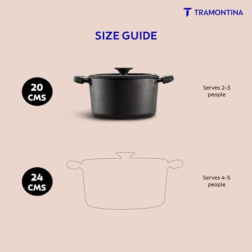 Image of Tramontina TITANEX 20cm / 3.1L Pre-Seasoned Heritage Cast Iron Casserole with Toughened Glass Lid | Gas /Induction Compatible Biryani Pot | Stock Pot with Snap-On Silicone Grips | Life-Time Warranty