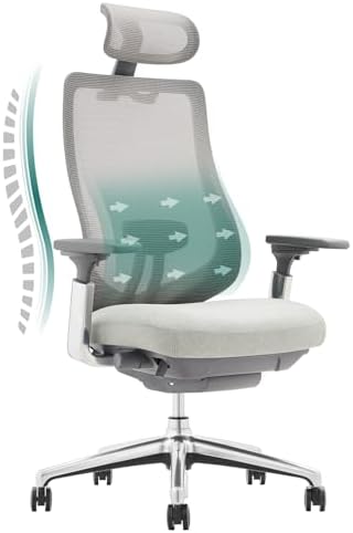 COLAMY Ergonomic Mesh Office Chair, High Back Computer Executive Desk Chair with Adjustable Headrest and 4D Arms, Slide Seat, Tilt Lock-Light Grey