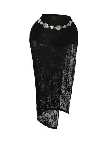 Verdusa Women's Plus Size Lace Skirt High Waisted Split Bodycon Midi Skirts