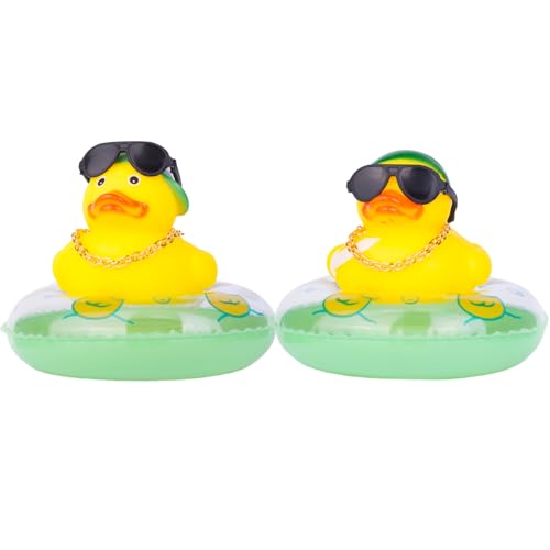 MuMyer Car Rubber Duck 2Pcs Duck Car Dashboard Decorations Yellow Duck Car Ornaments for Car Dashboard Decoration Accessories with Mini Swim Ring Sun Hat Necklace and Sunglasses