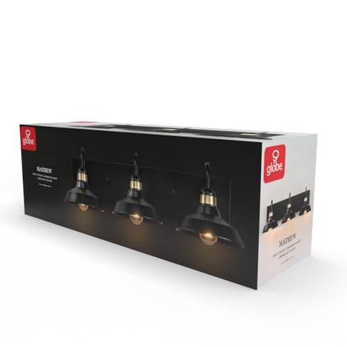 Image of Globe Electric 63000199 24 inch 3-Light Vanity Light, Matte Black, Brass Accents, Exposed Bulb, Bathroom /Makeup Mirror, Wall Light