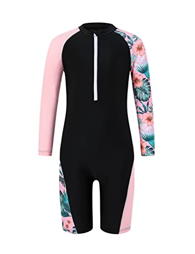 Image of Girls One Piece Rash Guard Swimsuit Long Sleeve Swimsuits with Zipper Patchwork Beach Bathing Suit for Kids 4-13 Years