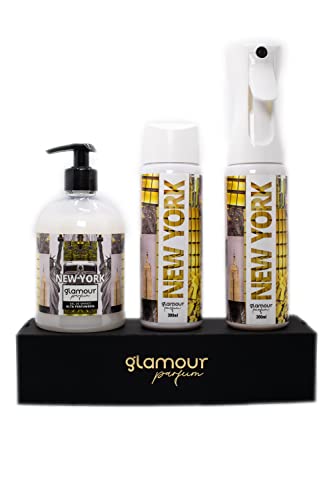 GLAMOUR PARFUM - Pack Ambientador Textil + Recambio 300 ml + Jabón de Manos 500 ml - Ambientador Hogar New York - Aroma Amaderado, Dulce y Fresco - para Pulverizar en la Cama o en Cortinas