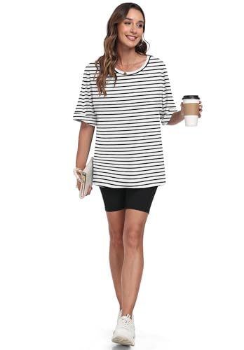 WNEEDU Camisetas Manga Corta Mujer Verano 2025 Blusas Cuello Redondo Top Suelta Básicas Túnica Oversize Tshirt Blanco Rayas Negras XL